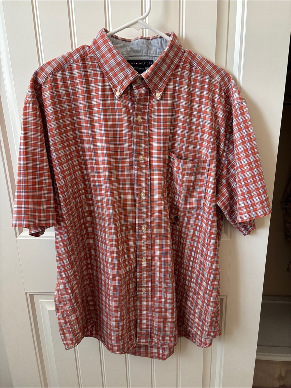 Tommy Hilfiger Red and White Plaid Short-Sleeve Button-Down Shirt